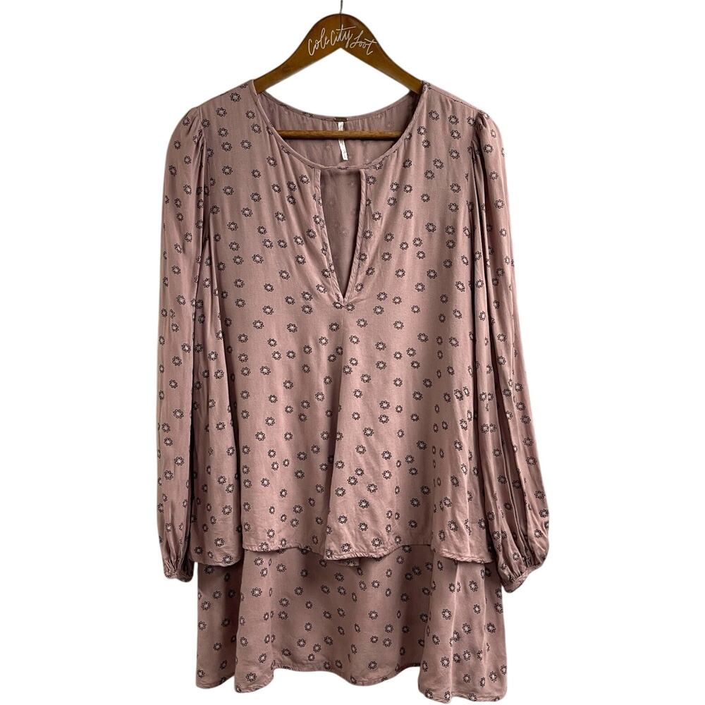 Free People Beck Printed Mini Dress Tunic Small Pockets Tiered Keyhole